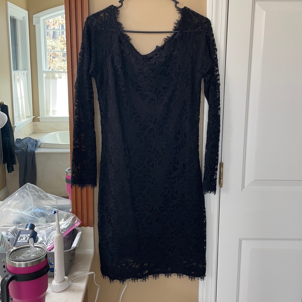 Black boatneck lace overlay dress